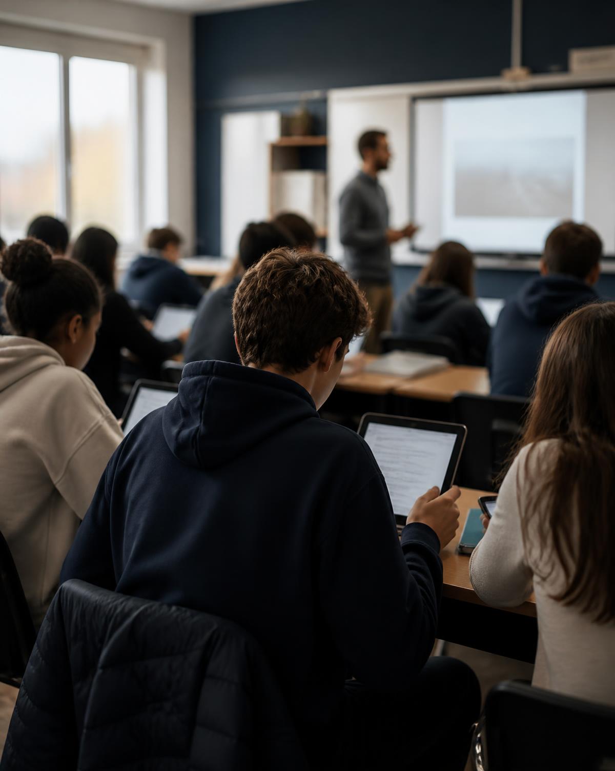 Estudiantes en el aula trabajando con tablets mientras la docente acompaña